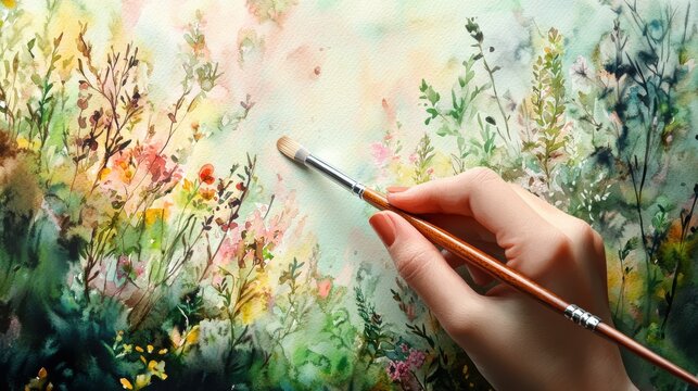 Adult woman painting wildflowers in art studio during daytime