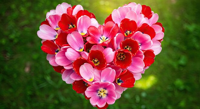 Express your love with this stunning heart made of vibrant pink and red tulips, ideal for Valentine's Day, anniversaries, or any heartfelt occasion
