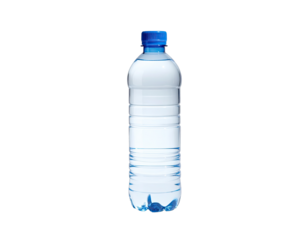 Water bottle clear plastic, blue cap, filled