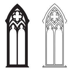 Detailed gothic architectural design vector elements in solid black and outlined versions