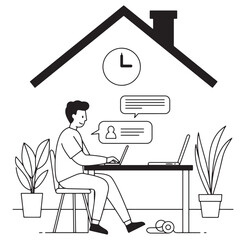 Freelance worker in home office using laptop at desk with messaging icons illustration