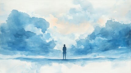 Obraz premium Young woman standing thoughtfully in open landscape under cloudy sky
