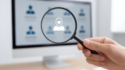 Hand Holding Magnifying Glass Over Screen Displaying User Profiles Illustrating Search, Investigation, Analysis, Research, and Insights in a Digital Environment