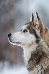 Fototapeta premium Majestic husky or malamute in snowy alaska landscape. Alaska Day. Vertical banner. Copy space. Postacard from Alaska. World Dog Day. World Animal Day