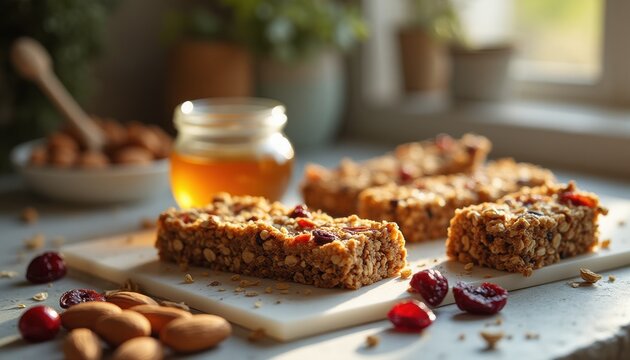 Four granola bars with almonds and cranberries in kitchen - Powered by Adobe