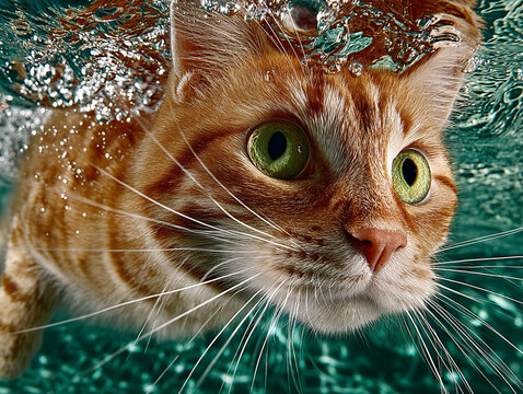 an orange cat swimming underwater, with air bubbles visible around it. The cat has striking green eyes and long white whiskers.