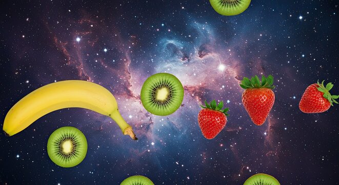Vibrant strawberries, kiwis, and bananas float in a stunning cosmic scene, offering a fresh, unique perspective for health, nutrition, and creative food concepts