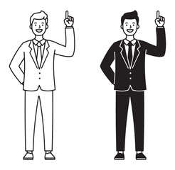 Two business professionals wearing suits both pointing upwards demonstrating a brilliant idea or solution
