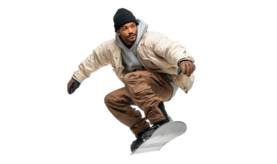 Male snowboarder in the mid-air, showcasing extreme sports, winter activity, and athletic style