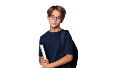 Smart young boy with glasses and a backpack, holding a book, ready for school and learning