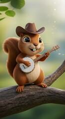 Animated squirrel playing banjo on branch in nature setting