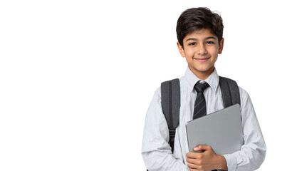 Happy young schoolboy with a backpack and laptop, embodying modern education and academic 