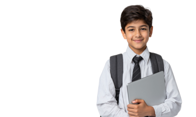 Happy young schoolboy with a backpack and laptop, embodying modern education and academic 