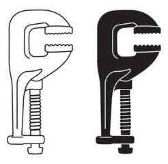 Vector illustration of a black and white outline and silhouette of a pipe wrench