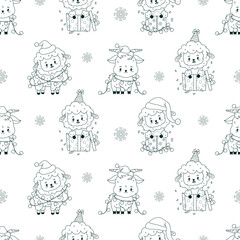 Outline Seamless pattern. Cute Sheep and Goat in Santa Hat with Festive Garland, Gifts on white background. Cartoon New Year Farm Animal. Line hand drawing. Vector illustration. Not AI