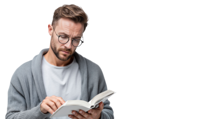 Serious man in glasses reading a book, representing education, relaxation, and focus