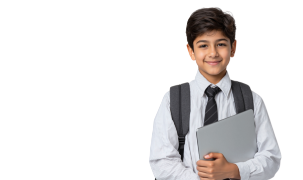 Happy young schoolboy with a backpack and laptop, embodying modern education and academic 