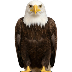 Fototapeta premium Majestic bald eagle, centered, facing forward. White head, yellow beak, brown body. Black background