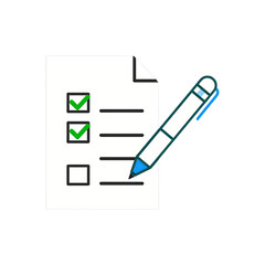 Checklist with checkmarks and pen, on white paper