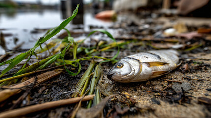 Dead fish in polluted pond with plastic waste and toxic residue
