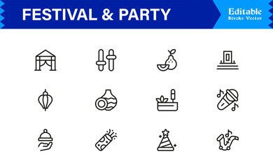 Professional, modern, and pixel-perfect festival and party line icon collection with editable strokes, clean design, and unique style for high-quality creative assets.