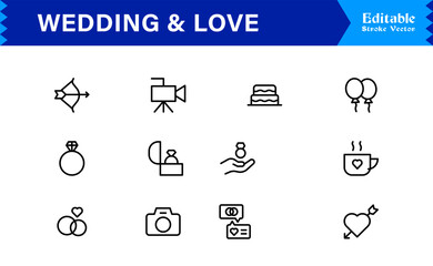 Wedding and Love line icon set featuring editable, pixel-perfect icons. Includes professional, minimal, and modern designs capturing romance and celebration themes.