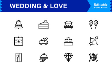 Wedding and Love line icon set featuring editable, pixel-perfect icons. Includes professional, minimal, and modern designs capturing romance and celebration themes.