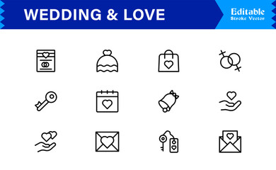 Wedding and Love line icon set featuring editable, pixel-perfect icons. Includes professional, minimal, and modern designs capturing romance and celebration themes.