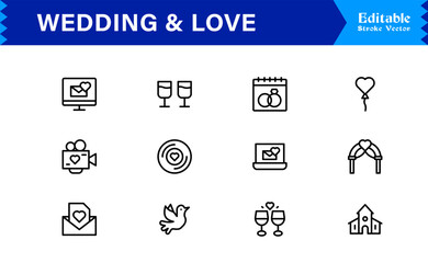Wedding and Love line icon set featuring editable, pixel-perfect icons. Includes professional, minimal, and modern designs capturing romance and celebration themes.