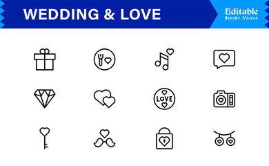 Wedding and Love line icon set featuring editable, pixel-perfect icons. Includes professional, minimal, and modern designs capturing romance and celebration themes.