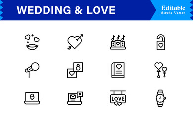 Wedding and Love line icon set featuring editable, pixel-perfect icons. Includes professional, minimal, and modern designs capturing romance and celebration themes.