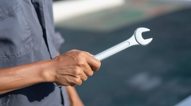 Shiny silver spanner in the hands of a mechanic as they are about to fix or adjust something. Stainless steel wrench is an indispensable tool to tighten the screws. Repair