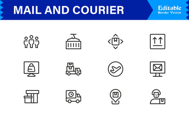 Mail and courier essentials unique line icon collection showcasing clean, pixel-perfect, and scalable line icons tailored for modern postal and logistics concepts.