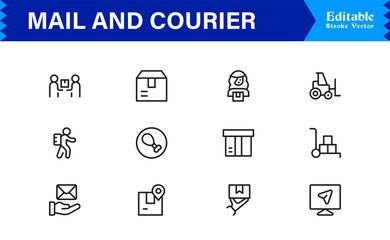 Mail and courier essentials unique line icon collection showcasing clean, pixel-perfect, and scalable line icons tailored for modern postal and logistics concepts.
