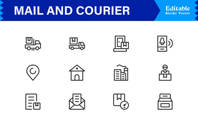 Mail and courier essentials unique line icon collection showcasing clean, pixel-perfect, and scalable line icons tailored for modern postal and logistics concepts.