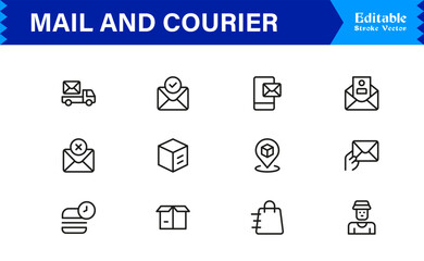 Mail and courier essentials unique line icon collection showcasing clean, pixel-perfect, and scalable line icons tailored for modern postal and logistics concepts.
