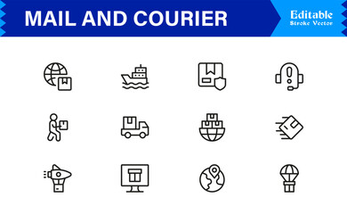 Mail and courier essentials unique line icon collection showcasing clean, pixel-perfect, and scalable line icons tailored for modern postal and logistics concepts.