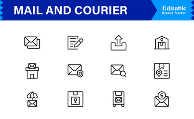 Mail and courier essentials unique line icon collection showcasing clean, pixel-perfect, and scalable line icons tailored for modern postal and logistics concepts.