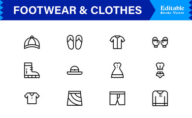 Footwear and clothes line icon set featuring pixel-perfect editable icons with a clean, modern, and minimal style, ideal for fashion, apparel, and retail themes.