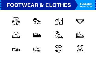 Footwear and clothes line icon set featuring pixel-perfect editable icons with a clean, modern, and minimal style, ideal for fashion, apparel, and retail themes.