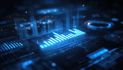 Abstract Blue Data Visualization with Glowing Particles and Circular Elements on Dark Background Depicting Technology and Futuristic Concepts