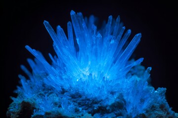 faint. A close-up macro shot of a pristine glowing ice crystal emitting faint electric blue arcs of light as it fractures. STEM education sheets.
