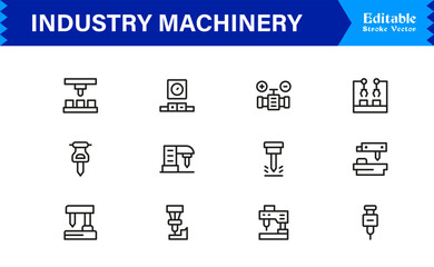 Premium Industry Machinery Line Icon Set Featuring Professional, Modern, And Minimal Editable Line Art For Construction, Manufacturing, And Heavy Equipment
