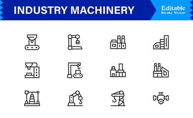 Premium Industry Machinery Line Icon Set Featuring Professional, Modern, And Minimal Editable Line Art For Construction, Manufacturing, And Heavy Equipment