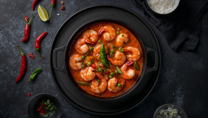 Shrimp curry with vegetables and chili peas