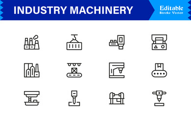 Premium Industry Machinery Line Icon Set Featuring Professional, Modern, And Minimal Editable Line Art For Construction, Manufacturing, And Heavy Equipment