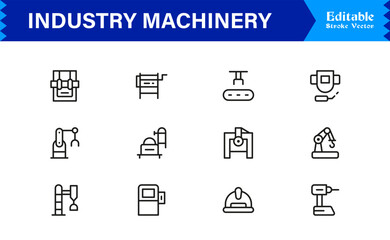 Premium Industry Machinery Line Icon Set Featuring Professional, Modern, And Minimal Editable Line Art For Construction, Manufacturing, And Heavy Equipment