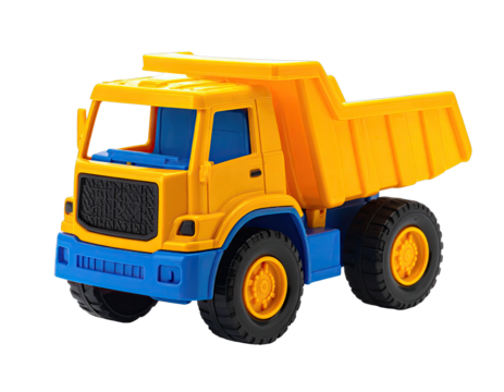Yellow/blue plastic toy dump truck, black wheels on white