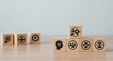 Conceptual wooden blocks illustrate a dynamic business strategy with icons representing teamwork, innovation, individual growth, and success
