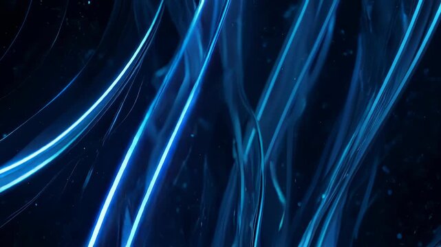 Dynamic abstract image featuring vibrant blue glowing lines and streaks against a dark backdrop
